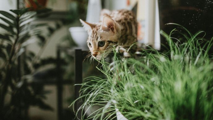 A curious Bengal cat explores lush indoor plants, creating a playful atmosphere.