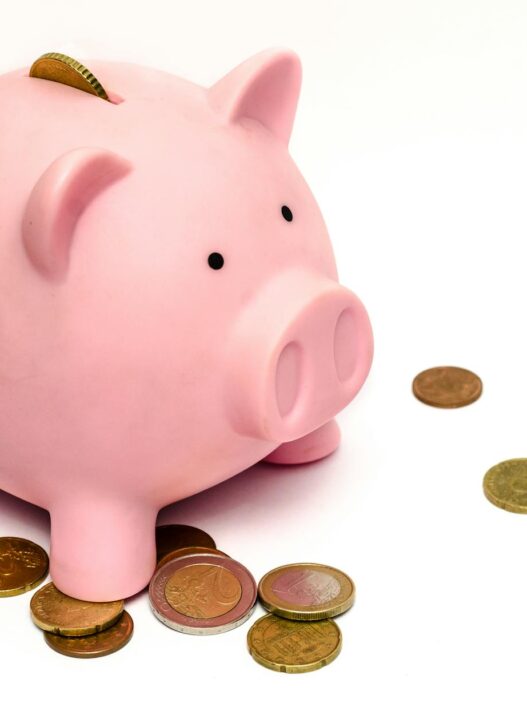 A pink piggy bank surrounded by scattered coins, symbolizing savings and financial investment.