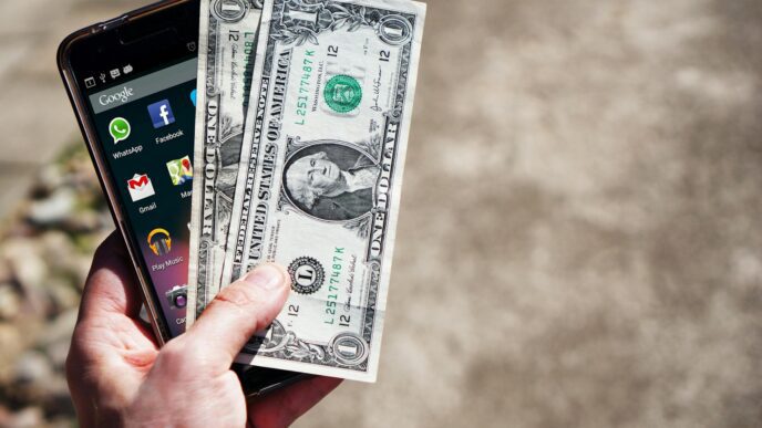 A person checking their checking account balance on a banking app, with cash and a notebook nearby