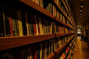 Rows of books on public library shelves, illustrating how a free library card unlocks streaming, museum passes, and learning subscriptions worth hundreds of dollars a year