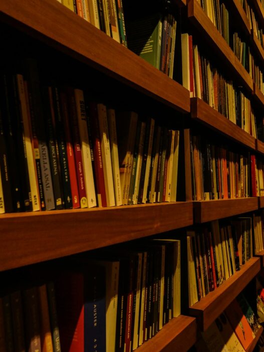 Rows of books on public library shelves, illustrating how a free library card unlocks streaming, museum passes, and learning subscriptions worth hundreds of dollars a year