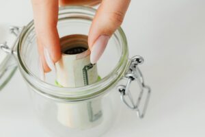 A couple budgeting for their wedding, planning finances together