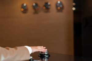 Hotel front desk and reception area where resort fees are charged at check-in