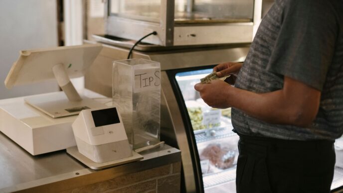 Shopper at a store checkout counter deciding on a purchase