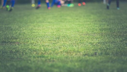 Children playing youth soccer on a grass field