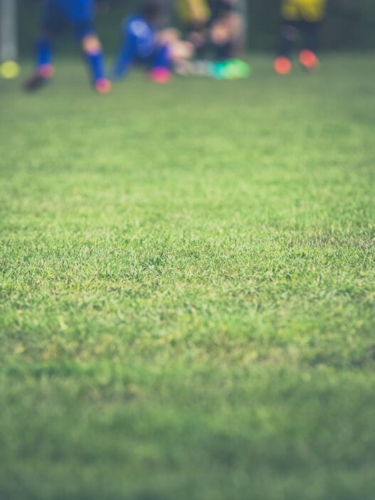 Children playing youth soccer on a grass field