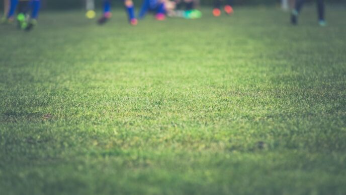 Children playing youth soccer on a grass field