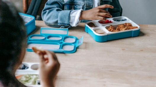 Packed school lunch box with sandwich and fruit