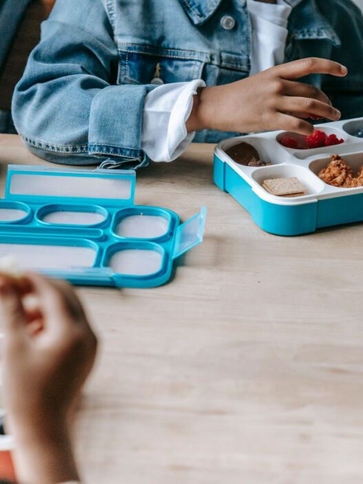Packed school lunch box with sandwich and fruit
