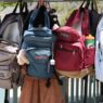 Parent and child shopping for back to school supplies with a backpack and notebooks
