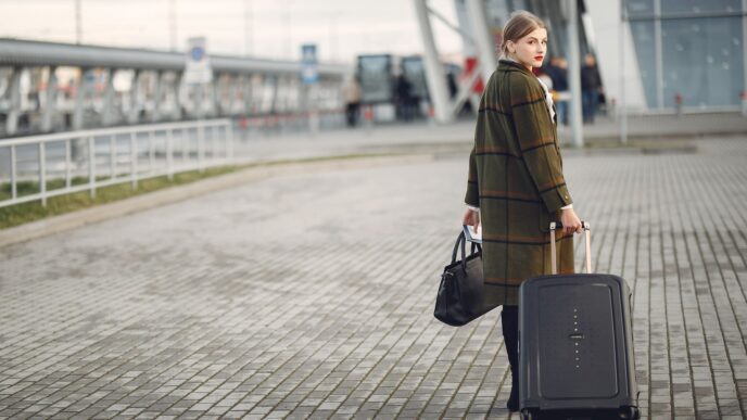 Traveler with luggage at an airport in autumn