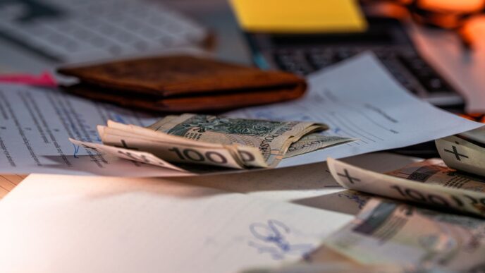 Calculator and payroll paperwork on a desk representing 401(k) contribution and employer match planning