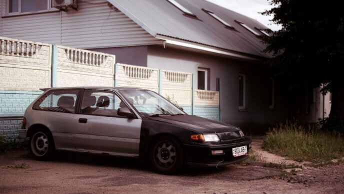 A single car parked in a suburban driveway after a household downsized to one vehicle