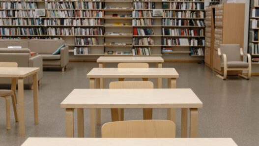 Rows of bookshelves in a public library reading room