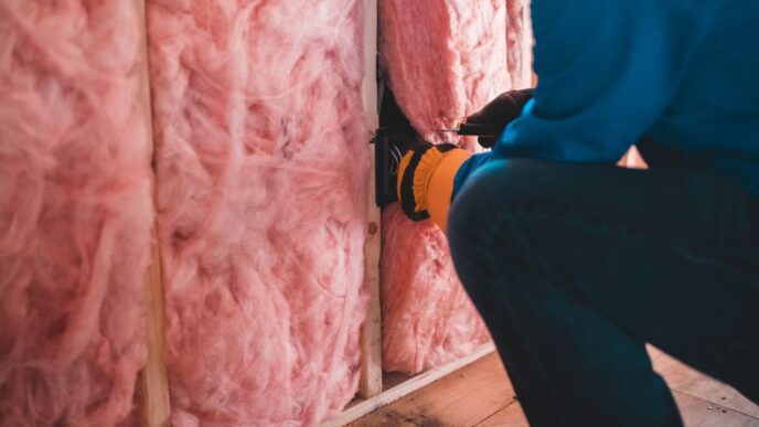 Attic insulation being installed to improve home energy efficiency