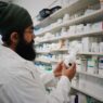 Over-the-counter medicine and health supplies on a pharmacy shelf