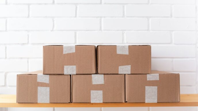 Cardboard shipping boxes and packing supplies ready to mail