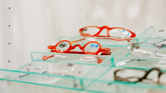 Rows of eyeglass frames on display at an optical shop