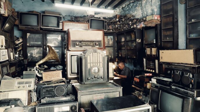 Shopper comparing television prices in an electronics store during a holiday sale