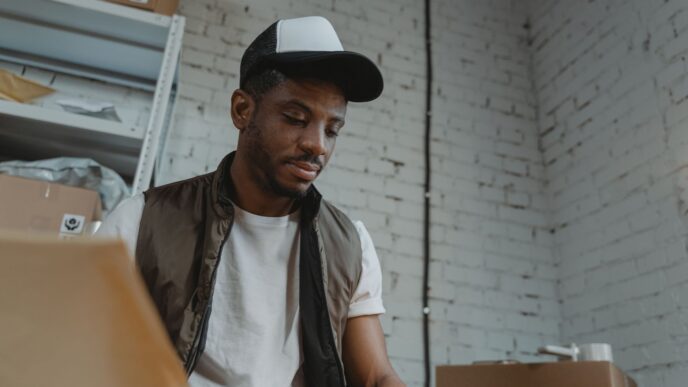 Seasonal warehouse worker sorting packages during a holiday shift