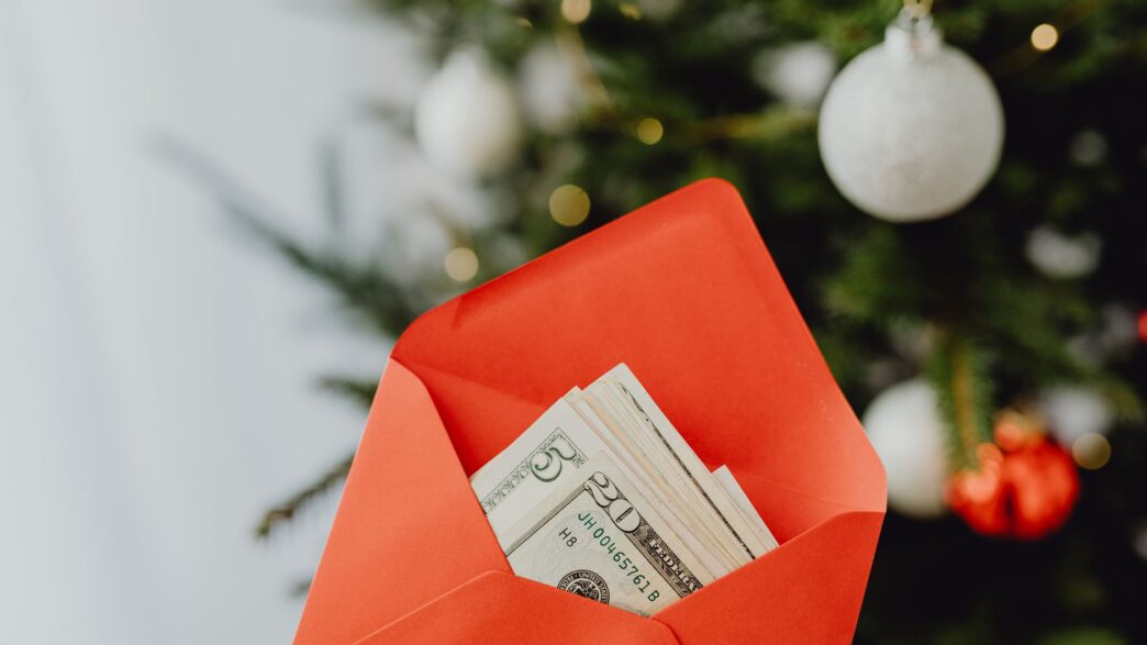 Holiday card and envelope prepared as a year-end tip