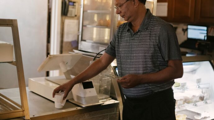 Person paying with cash at a store counter